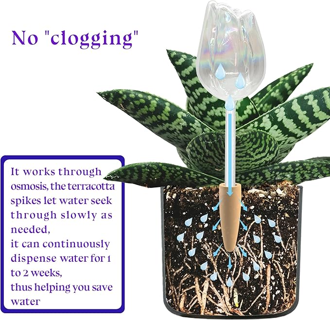 3 Pack Non-Clogging Iridescent Tulip Plant Watering Globes with Terracotta Spikes, Hand Blown Glass Self Watering Planter Insert Plant Watering Devices Bulbs for Indoor and Outdoor Plants