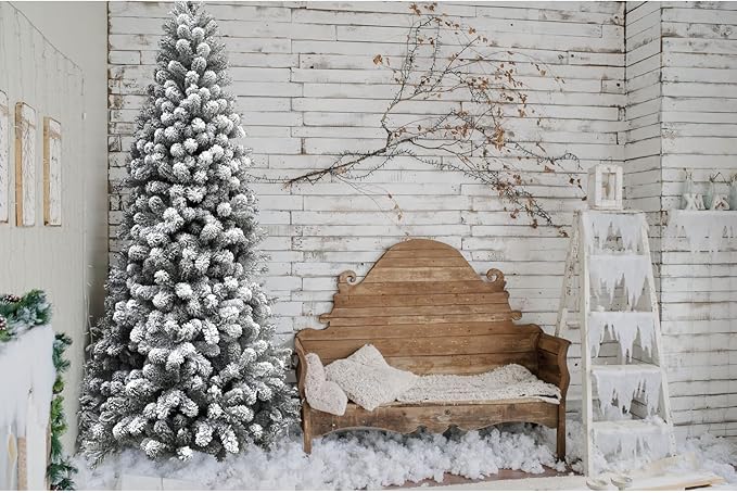 Fraser Hill Farm 7.5-Ft. Alaskan Pine Flocked Artificial Christmas Tree with Stand, Unlit Foldable Fake Tree with Realistic Snowy Foliage for Home Decoration