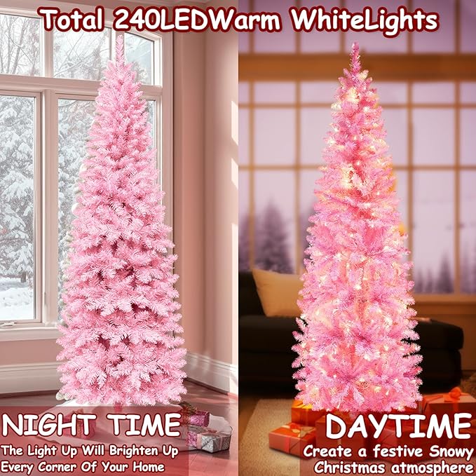 6Ft Prelit Artificial Slim Pink Christmas Tree, 240 LED Warm Lights, 658 Thick Branches, Fire-Resistant, UL Plug, Metal Stand, Hinged Pencil Xmas Tree Christmas Decorations Home Indoor Outdoor