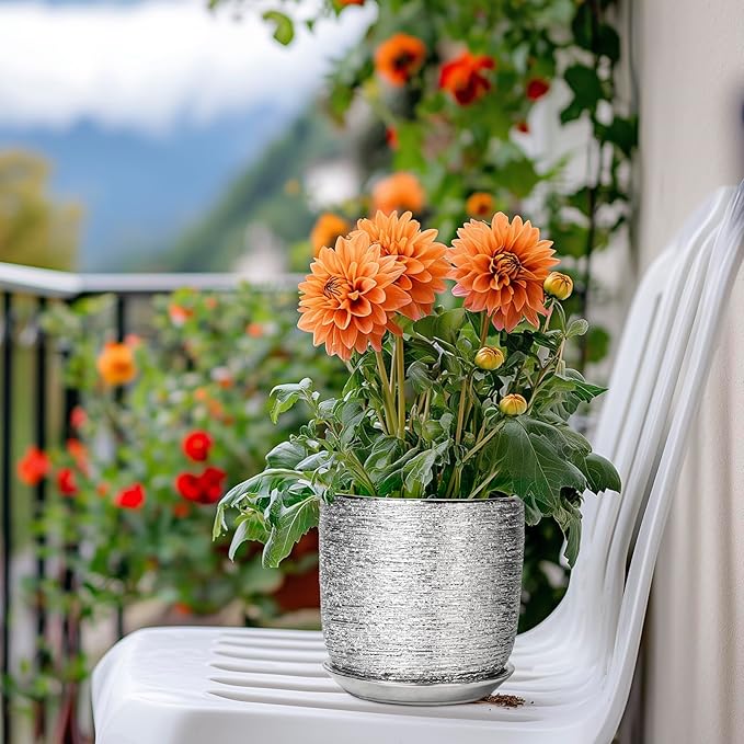 Ceramic Plant Pot 5 Inch - Indoor Planter with Drainage Hole and Saucer, Round Modern Flower Pot for Succulent Plants, Housewarming Gifts, Office Home Desk Decor, Silver
