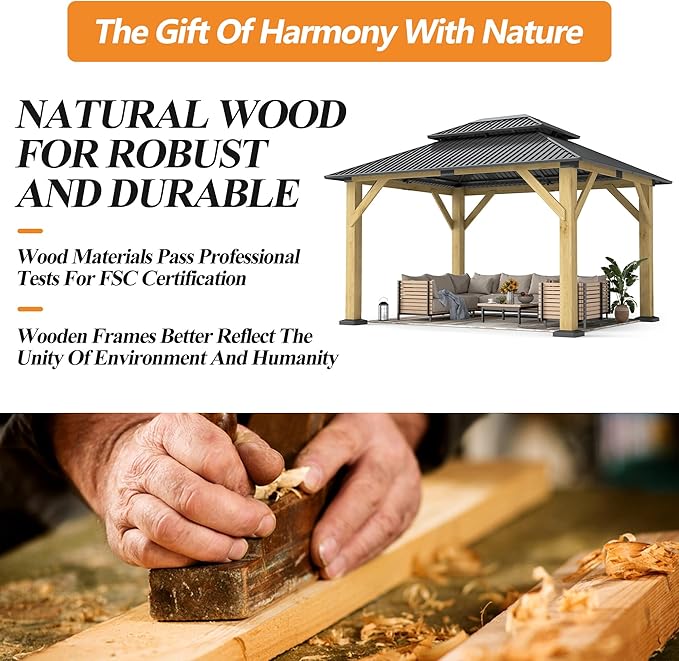 GARTOO 10' x 12' Outdoor Wooden Gazebo - Patio Hardtop Gazebo Permanent Wooden Pavilion with Galvanized Steel Double Roof, Wood Gazebos for Garden, Lawn, Poolside, Backyard Deck