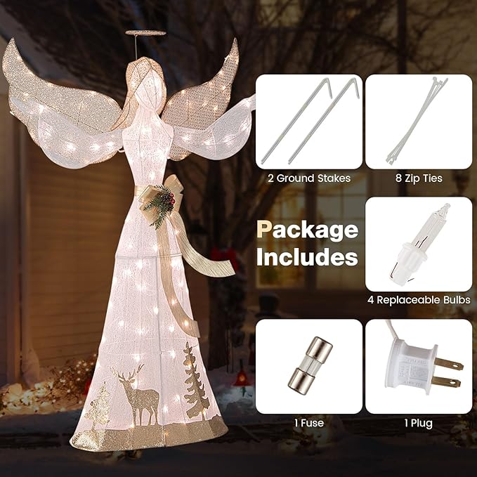 Tangkula 5 FT Lighted Christmas Angel, Outdoor Pre-lit 3D Glittered Angel with 100 Warm White Lights, Halo, Bow, Ground Stakes, Outdoor Christmas Decoration for Lawn Yard Garden