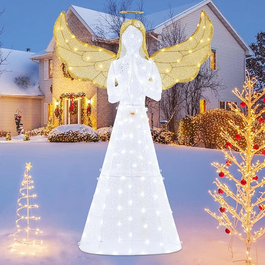 Tangkula 5 FT Lighted Christmas Angel, Light-up Winged Xmas Angel with 150 LED Lights, Zip Ties & Ground Stakes, Pre-Lit 3D Glittered Angel Decoration for Yard, Garden, Lawn & Indoor Display