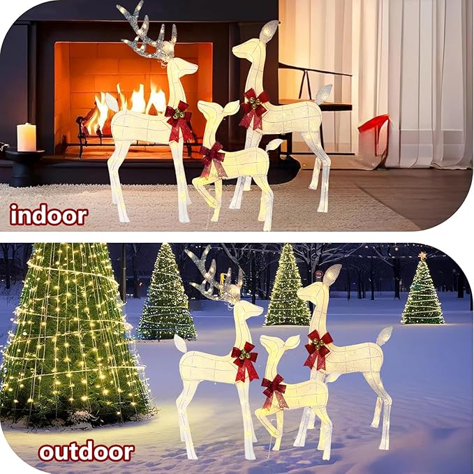 Lighted Reindeer Christmas Outdoor Yard Decorations, 4ft 3-Piece Reindeer Family Set with 240 LEDs, Ground Stakes, Durable Weatherproof Metal Frame for Home, Garden, Indoor Holiday Decor, White