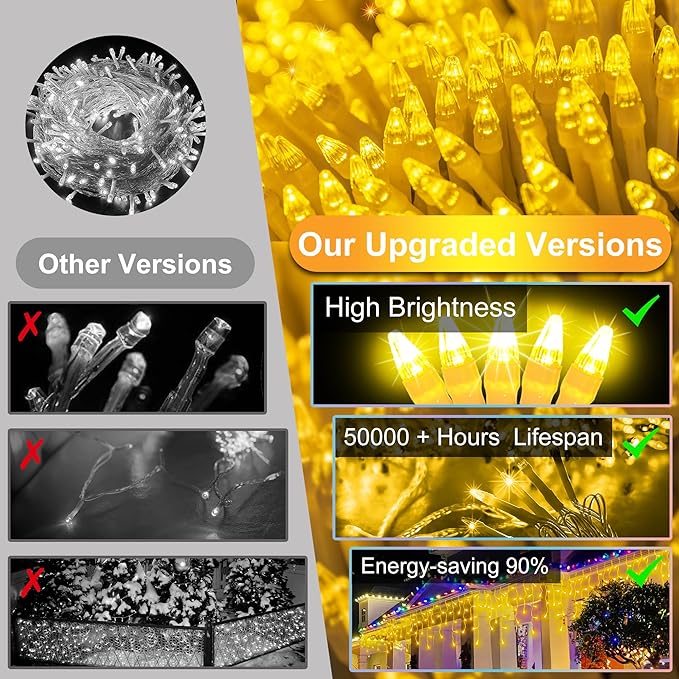 1296LED Christmas Lights with 288 Drops, 131ft 8 Modes Christmas String Lights Outdoor, Waterproof Christmas Decorations Fairy Lights with Timer Memory for Xmas Party Patio Window Fence Warm White