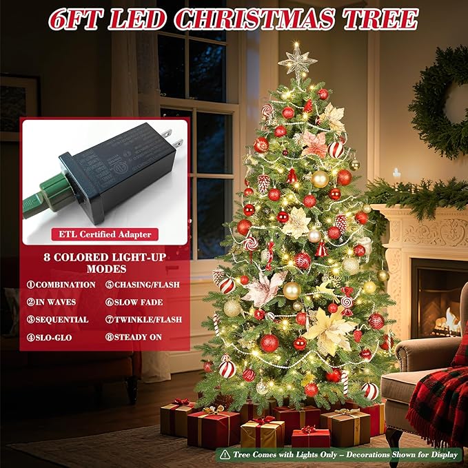 6ft Christmas Tree Prelit w/ 2085 PE & PVC Mixed 'Feel Real' Branch Tips, 400 Warm LED Lights, Hinged Spruce Artificial Xmas Tree with Metal Stand & Storage Bag for Home, Office, Party Décor