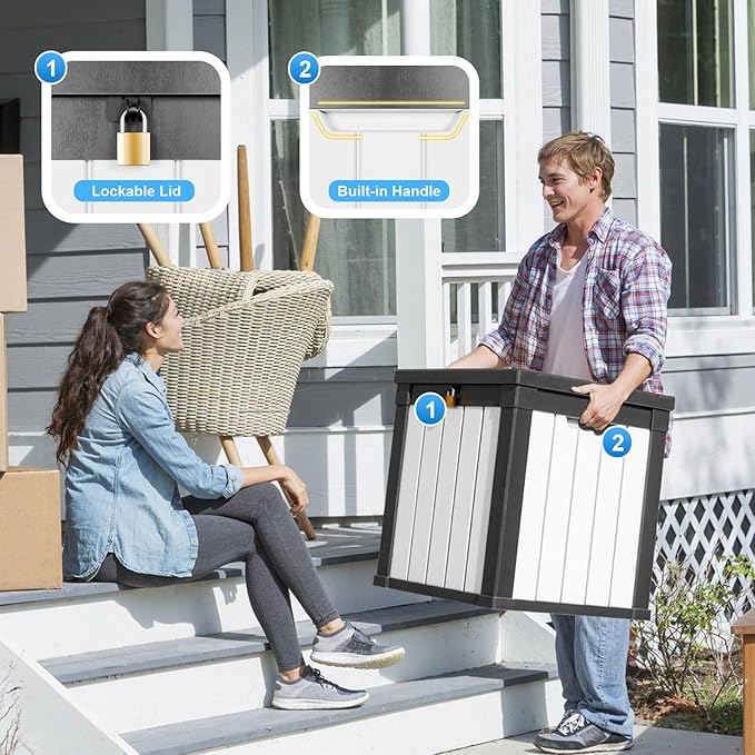 DRATO 50 Gallon Deck Box, Outdoor Storage Box for Patio Cushion, Garden Tools, Waterproof Patio Storage box, Lockable (Black and White)