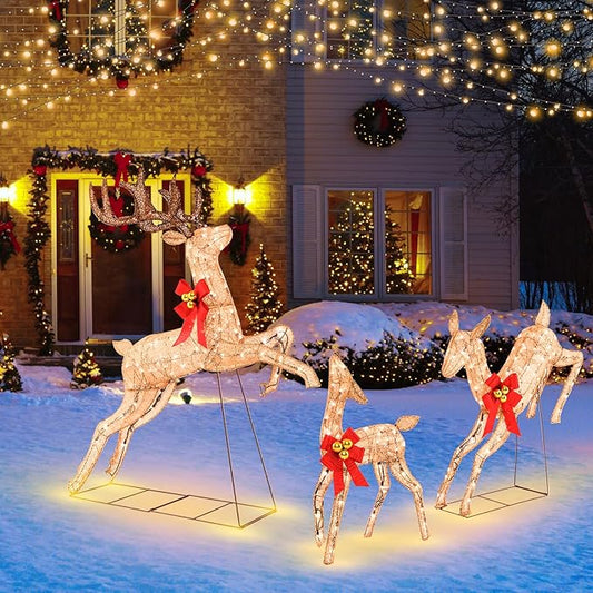Tangkula 3 Pieces Lighted Christmas Reindeer, Holiday Reindeer Family Set with 255 Warm White Lights, Stakes, Indoor Outdoor Reindeer Christmas Decoration for Lawn Yard Garden