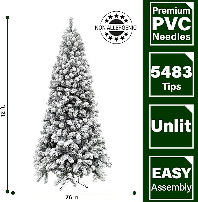 Fraser Hill Farm 12-Ft. Alaskan Pine Flocked Artificial Christmas Tree with Stand, Unlit Foldable Fake Tree with Realistic Snowy Foliage for Home Decoration