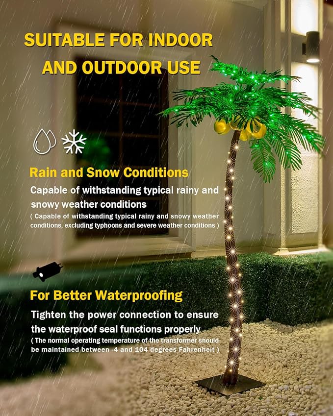 7ft Lighted Palm Tree 208 LED Lights with Glowing Coconuts - Dimmable, UL Certified, Waterproof - Ideal for Indoor and Outdoor Decoration