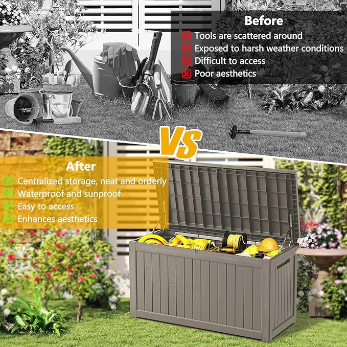 270 Gallon Deck Box, Resin Outdoor Indoor Waterproof Storage Box, Lockable Storage Box With Handle for Patio Furniture - Garden Tools - Swimming Pool Tools UV-Resistant, Brown