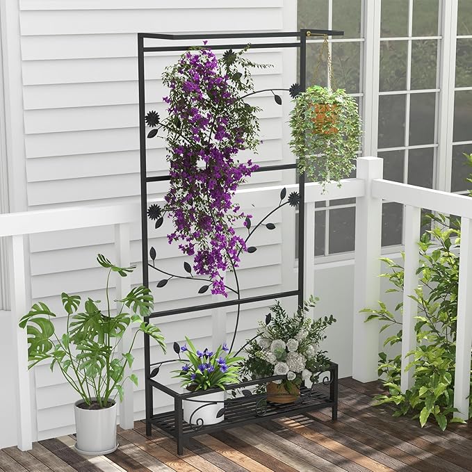 MOTION Metal Planter with Trellis - Raised Bed with Trellis for Vine Climbing Plants Flowers, 74.6 Inch Height Privacy Screen with Hanging Plant Pot Shelf, Black
