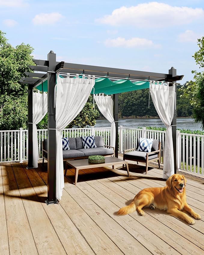 Garvee 10x10 Ft Outdoor Pergola with Retractable Canopy & Side Mesh Screen Gray Post Patio Gazebo for Garden Backyard Deck Lawns Porch(Blue+White)