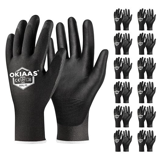 OKIAAS Work Gloves for Men，Ultra Thin and Lightweight Working Gloves with Grip, 12 Pairs Bulk Pack Construction Gloves with Polyurethane Coating for Light Duty Work (Black, XX-Large)