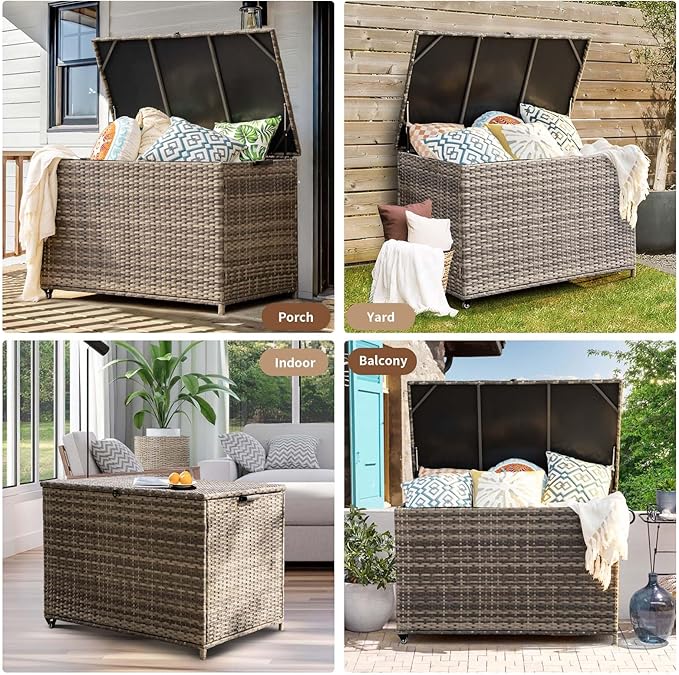 MEISSALIVVE 178 Gallon Outdoor Storage Box, Patio Deck Box with 2 Wheels, Handle Large Portable Wicker Rattan Deck Box for Patio Furniture Cushions, Throw Pillows, Garden Tools and Pool Floats (Gray)