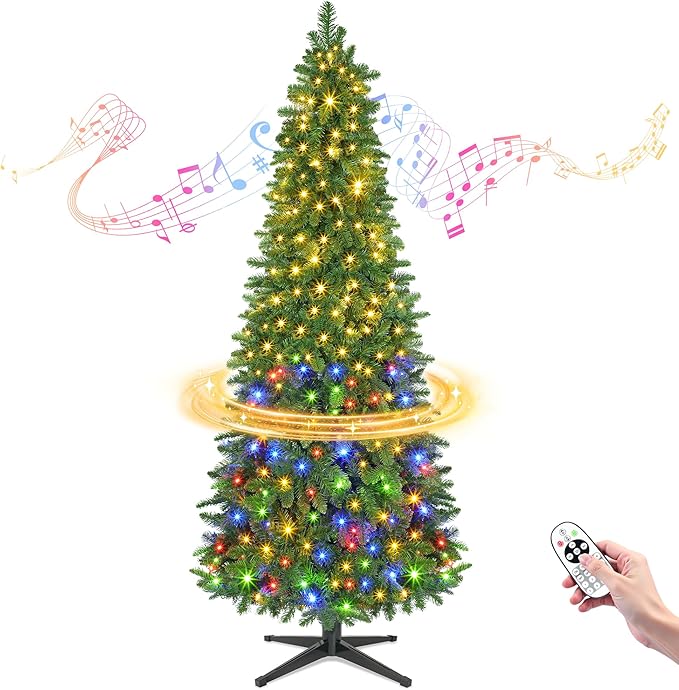 Pre-lit Christmas Christmas Tree, 6.5ft Green Slim Tree with Music Function, Skinny Xmas Holiday Decoration, 340 LEDs, 8 Lighting Modes, Rotating Stand