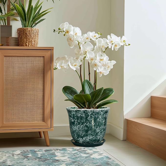 Ceramic Planter - 12 Inch Pots for Plants with Drainage Hole and Saucer, Round Planter for Indoor Outdoor, Large Plant Pot, Modern Planters, Garden Patio Decor, House Warming Gifts, Green