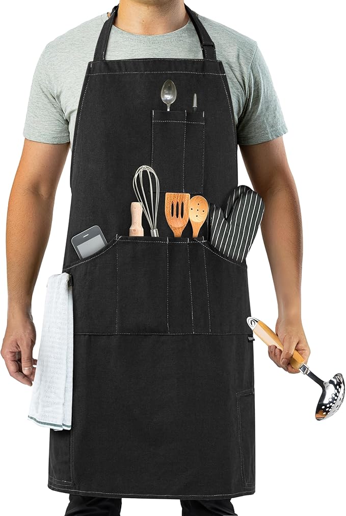 opux Chef Apron for Men, Kitchen Apron with Pockets for Women, Large Unisex Canvas Apron for Cooking Grilling BBQ Baking.