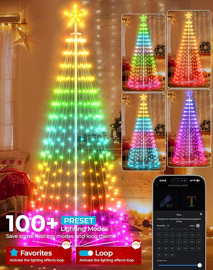 8FT Outdoor Christmas Tree Decorations Smart App Control, DIY Patterns Prelit Multicolor Outdoor Christmas Tree Light Show, Waterproof Magical String Lights with Remote Music Timer for Yard