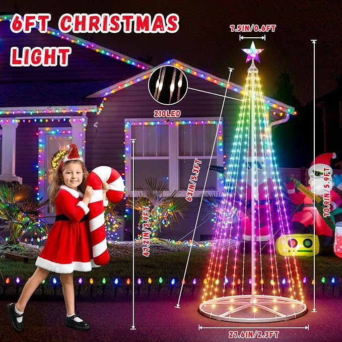 6FT LED Smart Christmas Tree - Outdoor & Indoor Lighted Christmas Tree Decorations Indoor Christmas Cone Tree App Control Color Changing Light for Yard & Garden