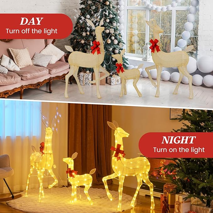 Tangkula 3 Pieces Christmas Lighted Reindeer Family Set, Indoor/Outdoor Christmas Decoration with LED Lights & RGB Flashing Lights, Ground Stakes, Light up Holiday Deer Decoration for Yard Lawn Party