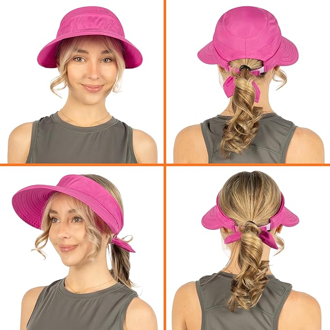 SUN CUBE Women Sun Hat for Outdoor UV Protection, Wide Brim Sun Hat Ponytail, Convertible Zip-Off Beach Hat Visor