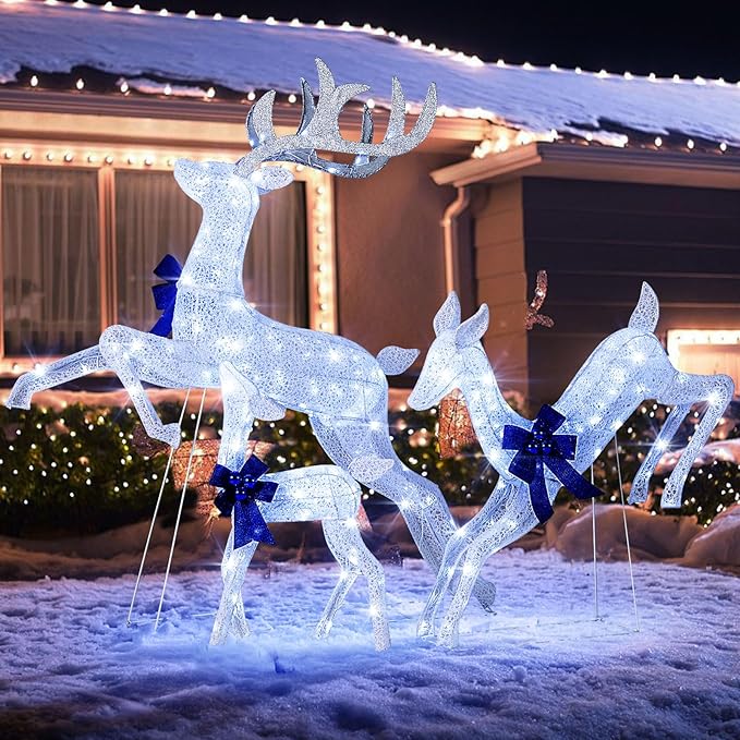 Tangkula 3 Pieces Lighted Christmas Reindeer, Holiday Reindeer Family Set with 255 Cold White Lights, Stakes, Indoor Outdoor Lighted Christmas Decoration for Lawn Yard Garden (White)