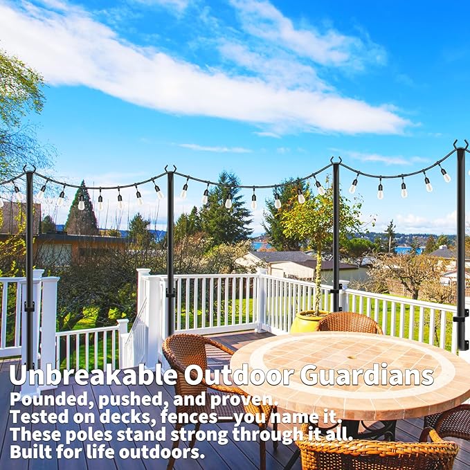 10 Pack String Light Poles for Deck,5 Ft String Light Poles for Outside with Fixing Clips,Metal Poles for Outdoor String Lights, Hanging Light Poles for Fence Garden Backyard Wall Bistro