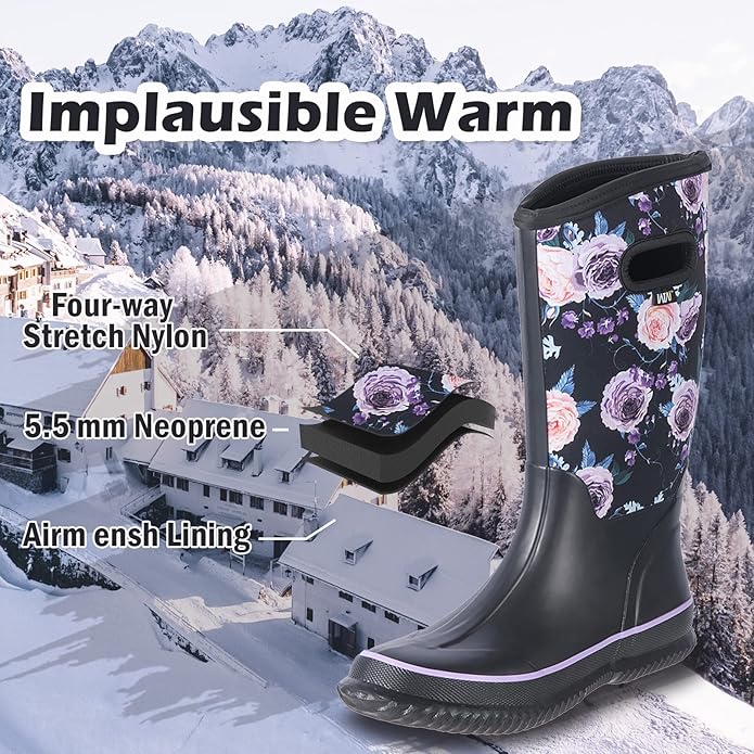 WTW Mid Calf Rain Boots for Women - Waterproof Insulated Neoprene Mud Boots Outdoor Hunting Garden Boots