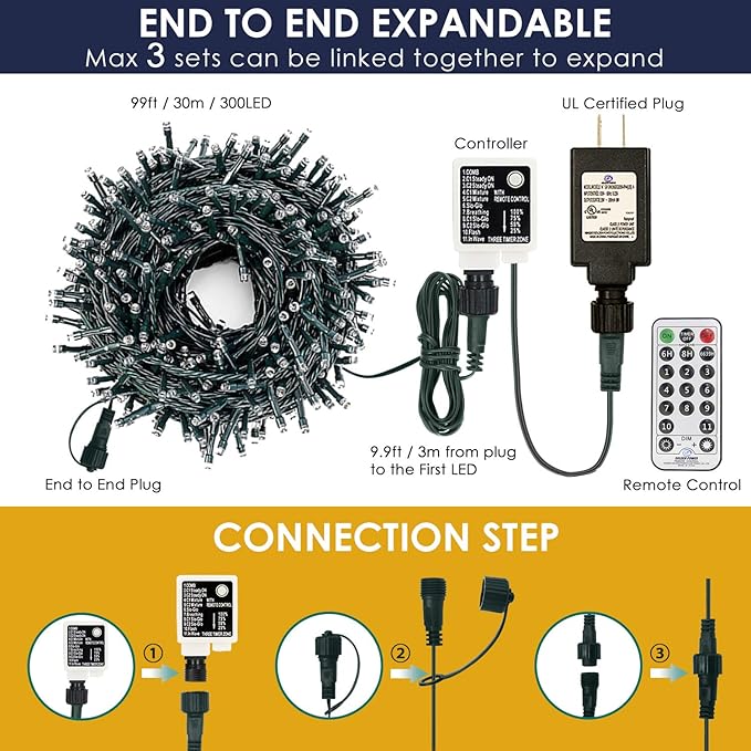 Decute 300LED Christmas Tree Lights Outdoor Indoor String Lights 108FT Extendable, 11 Modes 4 Colors Changing Waterproof Twinkle Fairy Lights Party Decor with Timer Remote(Warm White & 3 Multicolors)