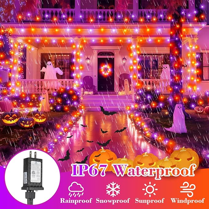 66FT 200 LED Halloween String Lights, Twinkle Lights with 8 Modes and Timer, Outdoor Waterproof Halloween Tree Lights for Room Bedroom Wedding Party Holiday Decorations, Purple and Orange