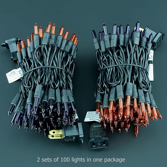 YULETIME 200 Orange & Purple Christmas Lights, Pack of 2 Strands of 21 ft 100 Count UL Certified Incandescent Mini String Light (Orange & Purple - Black Wire)