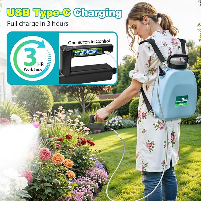 Battery Powered Backpack Sprayer, 2.6 Gallon Electric Garden Sprayer with 3 Adjustable Pressures, USB-C Charging, 5 Nozzles& 41″ Telescopic Wand for Weed Control, Pest Spray, Yard & Lawn Care