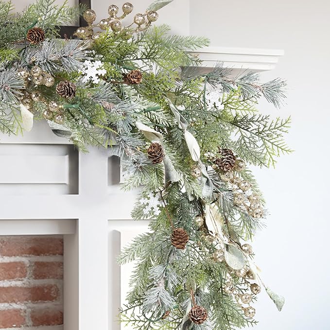 WBHome 6ft Mixed Snowy Norway Spruce & Pine Branch with Shimmy Berries Mantle Christmas Garland, Winter Flocked Garland for Christmas Holiday Seasonal Indoor/Outdoor Home Decor Mantle