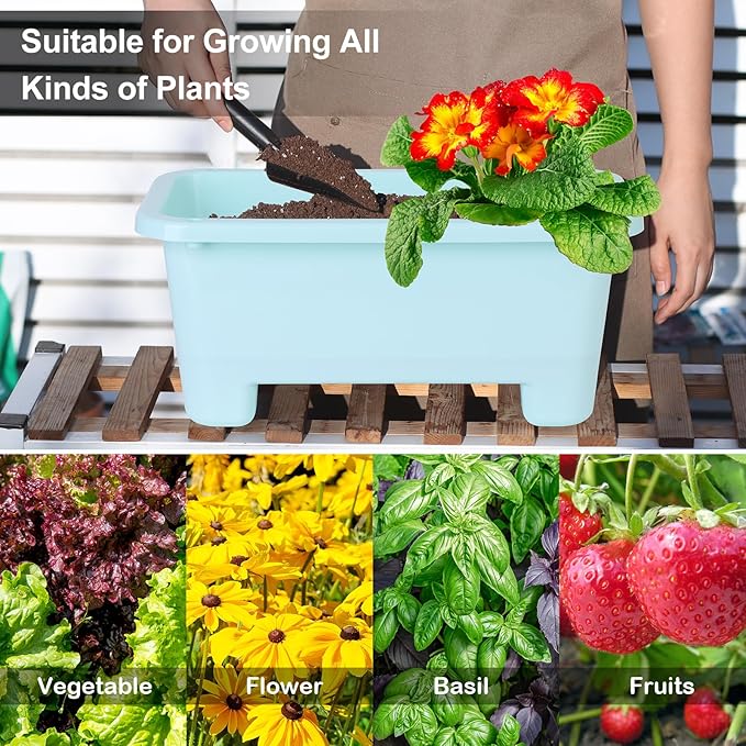 Self-Watering Rectangle Planter Boxes 8-Pack, 15.7-Inch Window Box Planter with Drainage Holes & Trays, Pots for Vegetables, Herbs, Flowers, Garden Windowsill Balcony (Sky Blue, 15.7*8.3*7.1 inch)