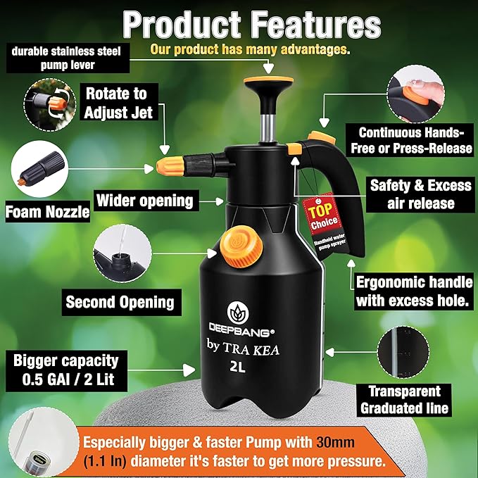 Premium 2L Handheld Pump Sprayer Adjustable Nozzle Water and Foam Continuous Spray Bottle for Car Washing Gardening Household Cleaning – Heavy Duty Chemical Resistant