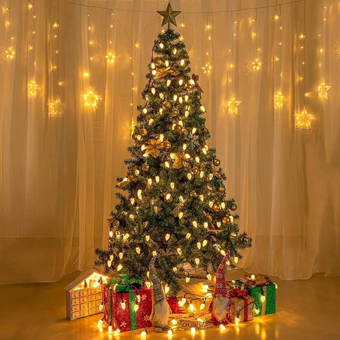 AWQ 100LED 81 FT C9 Christmas String Lights Plug in Fairy Twinkle String Lights 8 Modes Timer Function Waterproof Extendable for Indoor Outdoor Wedding Party Christmas Decoration (100, Warm White)