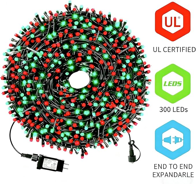 105FT 300 LEDs Red Green Christmas Lights Outdoor Indoor, Christmas Tree Lights Party Decorations, 8 Lighting Modes with Timer & Memory Function