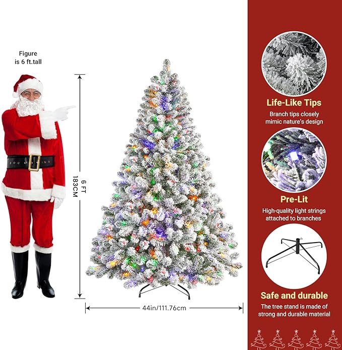 SHareconn 6ft Pre-Lit Flocked Spruce Artificial Hinged Christmas Tree with Remote, Timer and 330 Warm White & Multi-Color Lights, 950 Branch Tips, Perfect Choice for Xmas Decoration, 6 FT, White