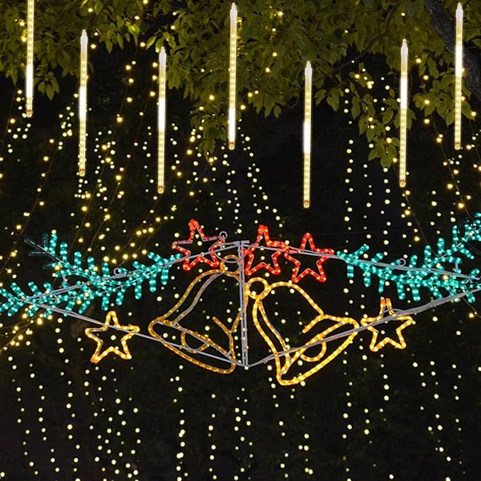 LJLNION Meteor Shower Lights, 12 Inch Outdoor Icicles Christmas Lights, 8 Tubes 288 LED Iciclelight Snow Falling Light, Connectable Raindrop Light, Xmas Wedding Party Tree Holiday Decor, Warm White