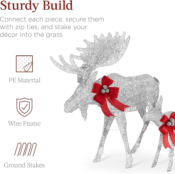 Best Choice Products 2-Piece Moose Family, Lighted Outdoor All-Weather Christmas Yard Decoration Light-Up Décor Set w/ 170 LED Lights, Ground Stakes, Zip Ties - Silver