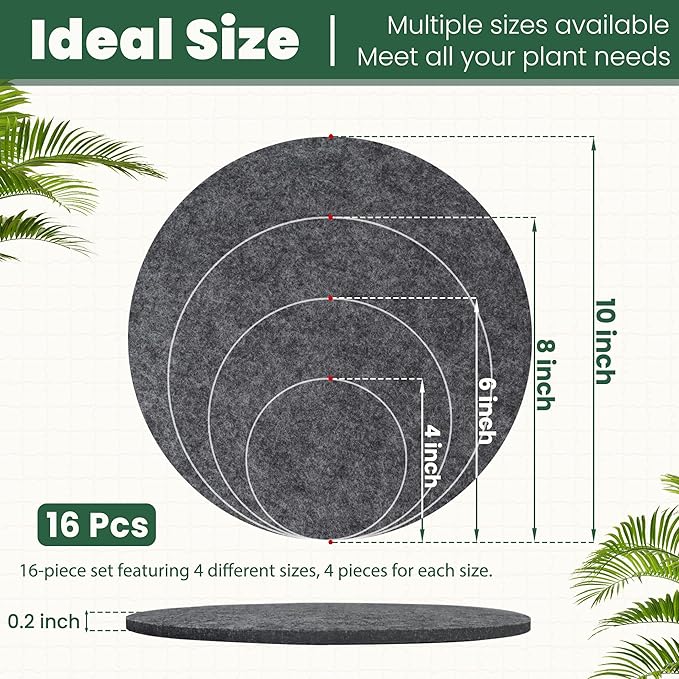 Felt Plant Coasters, 4 Sizes Extra Thick 4/6/8/10 Inch Planter Coaster, Absorbent Plant Mats, Trivets for Hot Dishes, Plant Coasters for House Plants, 16 Pcs