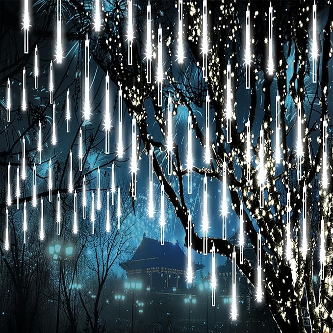 Meteor Shower Lights Christmas Lights Outdoor 24-Tube 576LEDs Snow Falling Rain Cascading Icicle Lights for Xmas Tree Christmas Decorations Wedding Party Holiday Garden Decor, UL Plug White