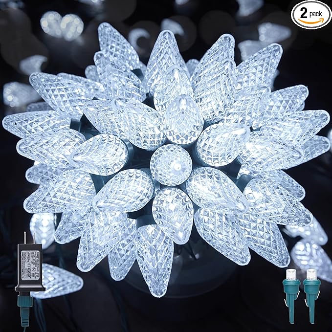 C9 LED Christmas Lights Outdoor, 81 Feet 100 LED String Light with Timer & 8 Lighting Mode, Waterproof Commercial Grade Christmas Tree Lights for Outside Indoor Roofline Patio, Pure White|2 Pack