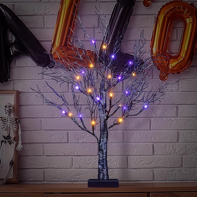 LIGHTSHARE 26IN Halloween Willow Bonsai 20LED Lights Artificial Black Spooky Tree for Home, Festival, Nativity, Party, and Christmas Decoration, Plug in or Battery (Orange+Purple)
