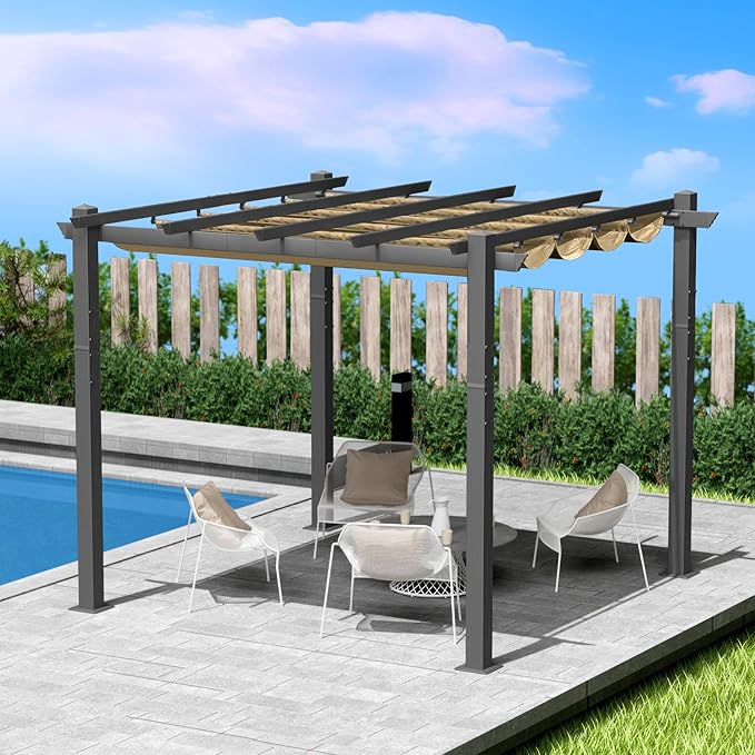 Kozyard Morgan Outdoor Retractable Pergola with Sun Shade Canopy Patio Aluminum Pergola Shelter for Backyard Deck Garden Modern Metal Grill Gazebo (10' x 10', Beige)