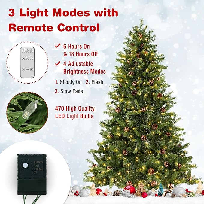 GOFLAME 6FT Pre-Lit Christmas Tree, 3-Minute Quick Shape Artificial Xmas Tree with Power Connector, Remote, 470 LED Lights, Pine Cones, 3 Lighting Modes, Timer, Holiday Decoration Tree for Home Office