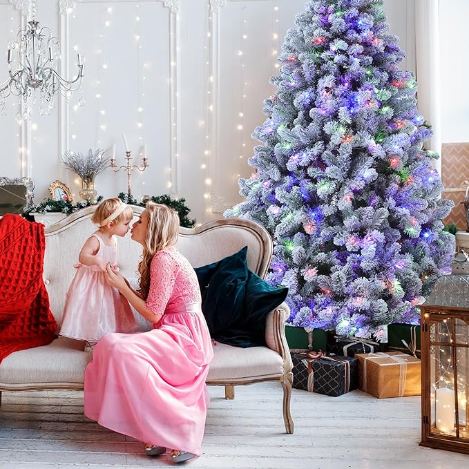 Flocked Christmas Tree, 7.5 ft Prelit Christmas Tree with Lights, 10 Functions, 400 Lights, Spruce Artificial Christmas Tree Prelit with 1832 Realistic Tips & Sturdy Metal Base Easy Assembly