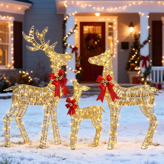 3-Piece Large Christmas Deer Outdoor Decorations, 4.5ft Lighted Reindeer Family Set Christmas Yard Decor, Light Up Reindeer Christmas Decor with 350 LEDs, Stakes, Zip Ties, Unique Gold Rattan