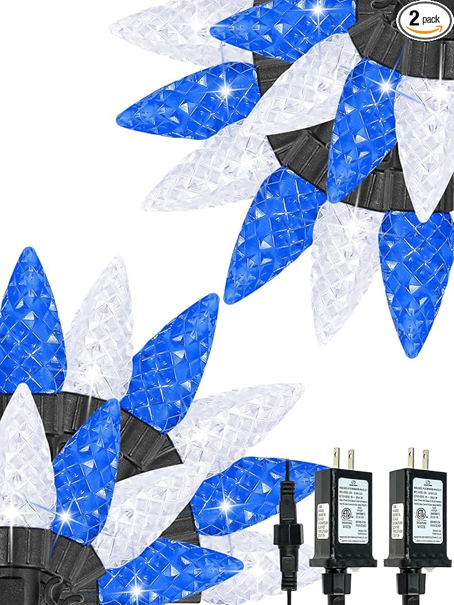 2 Pack C6 Christmas Lights Outdoor Indoor, Total 200 LED 66 FT Connectable Christmas String Lights with Timer & 13 Modes, Waterproof Twinkle Light for Xmas Tree Party Wedding Decor (Blue and White)